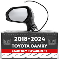 Driver Side Mirror - Compatible with 2018-2024 Toyota Camry - Powered Adjustment, Manual Folding, Flat Glass - Black, 5H3P - OEM 8794006800, TO1320366, TO1320382 - Driver Side Mirror