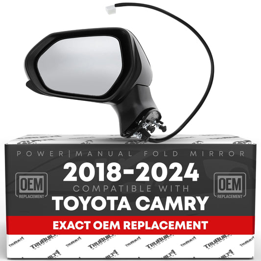 Driver Side Mirror - Compatible with 2018-2024 Toyota Camry - Powered Adjustment, Manual Folding, Flat Glass - Black, 5H3P - OEM 8794006800, TO1320366, TO1320382 - Driver Side Mirror