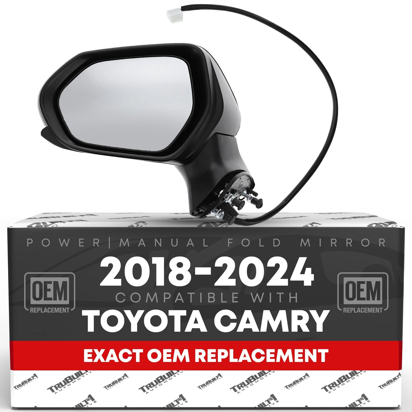 2018-2024 Toyota Camry Driver Side Mirror - Powered Adjustment Manual Folding Flat Glass Black - Driver Side Mirror