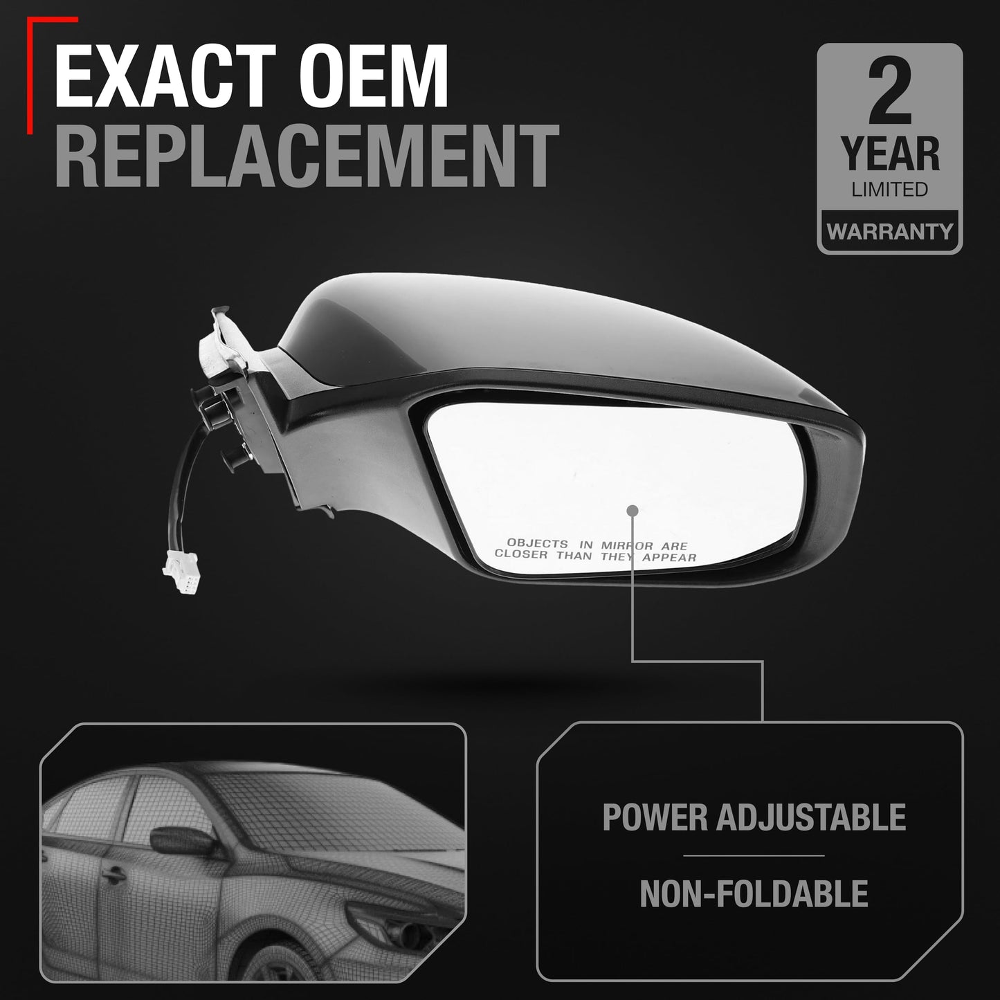Nissan Altima Passenger Side Mirror - Power Adjustable - Non-Foldable - Black - Passenger Side Mirror