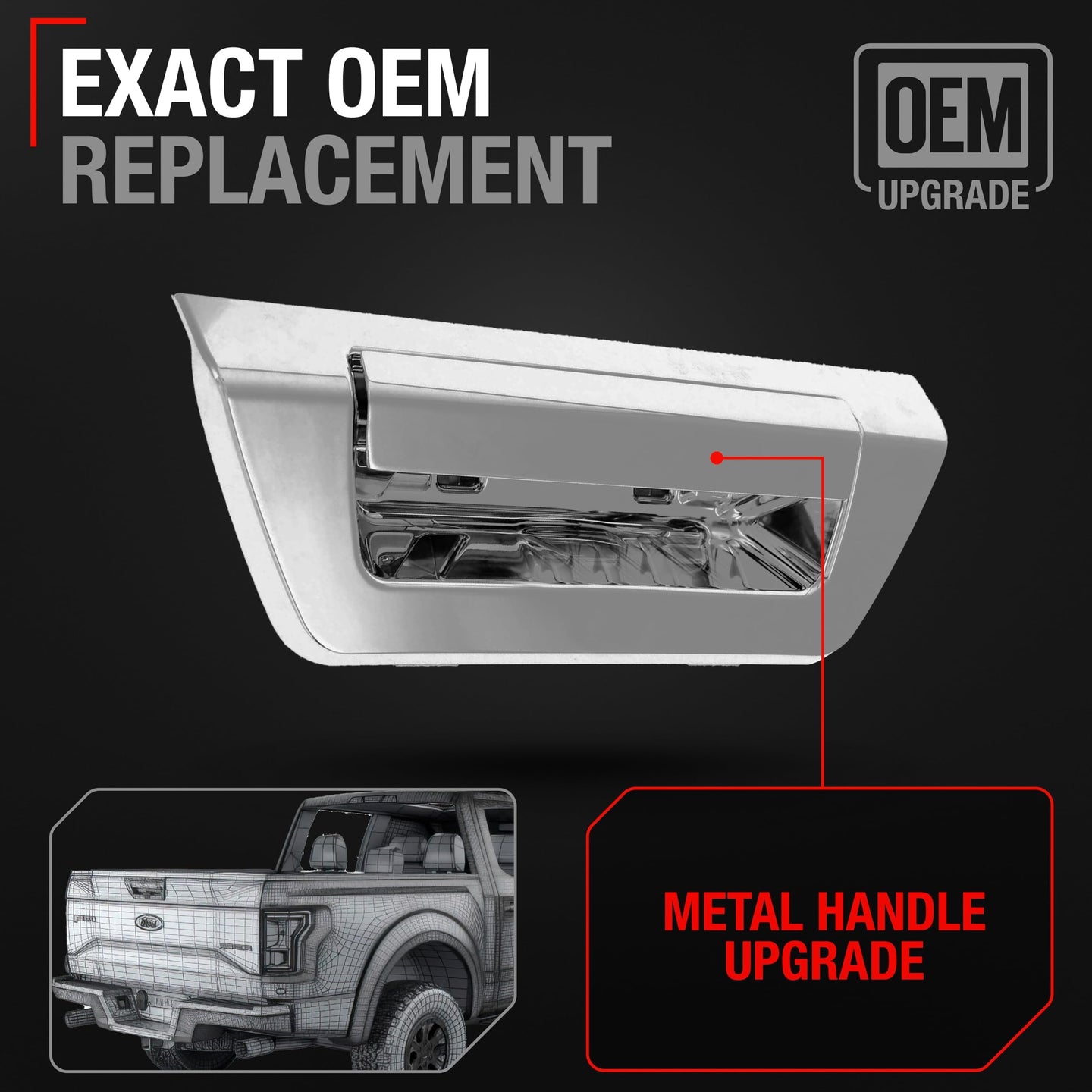 2015-2018 Ford F-150 Tailgate Handle Latch Replacement, Upgraded Metal - All Chrome