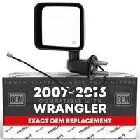 Driver Side Mirror Replacement - Compatible with 2007-2013 Jeep Wrangler - Heated, Powered Adjustment, Manual Folding, Flat Glass - Textured Black Cover, 6H5P - OEM 5182175AA, 5182175AB, CH1320319 - Driver Side Mirror