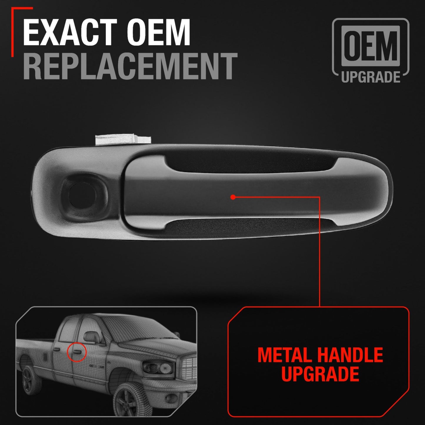 2002-2010 Dodge Ram 1500, 2500, 3500, 4500, 5500; Dakota, Durango; Mitsubishi Raider Exterior Front Passenger Door Handle, Upgraded Metal - Textured Black w/ Keyhole - Front Passenger Side Handle