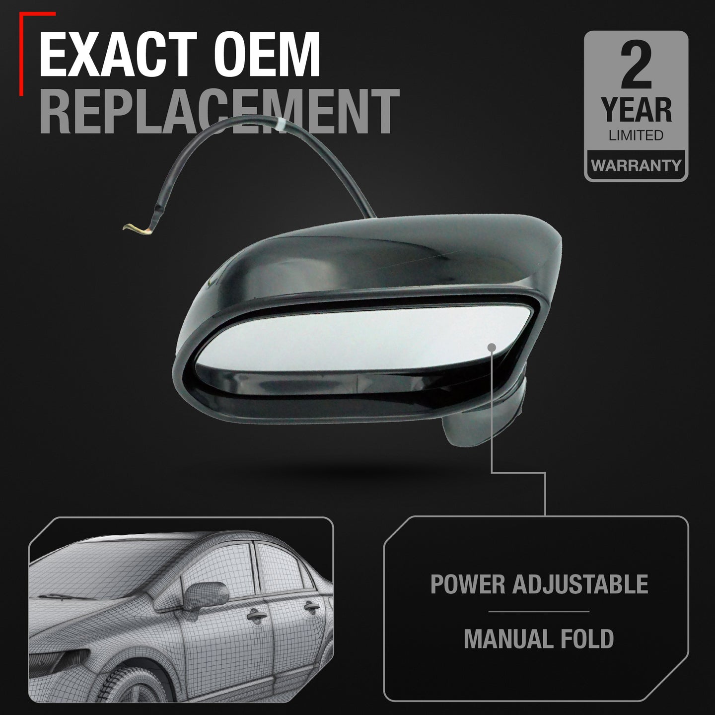 Driver Side Power Adjustable Side View Mirror - Compatible with 2006-2011 Honda Civic - Power Adjust, Non-Heated, Manual Folding - Paintable Textured Black Housing - OEM 76250SNEA01