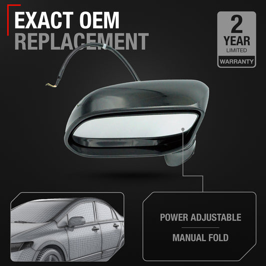 Driver Side Power Adjustable Side View Mirror - Compatible with 2006-2011 Honda Civic - Power Adjust, Non-Heated, Manual Folding - Paintable Textured Black Housing - OEM 76250SNEA01