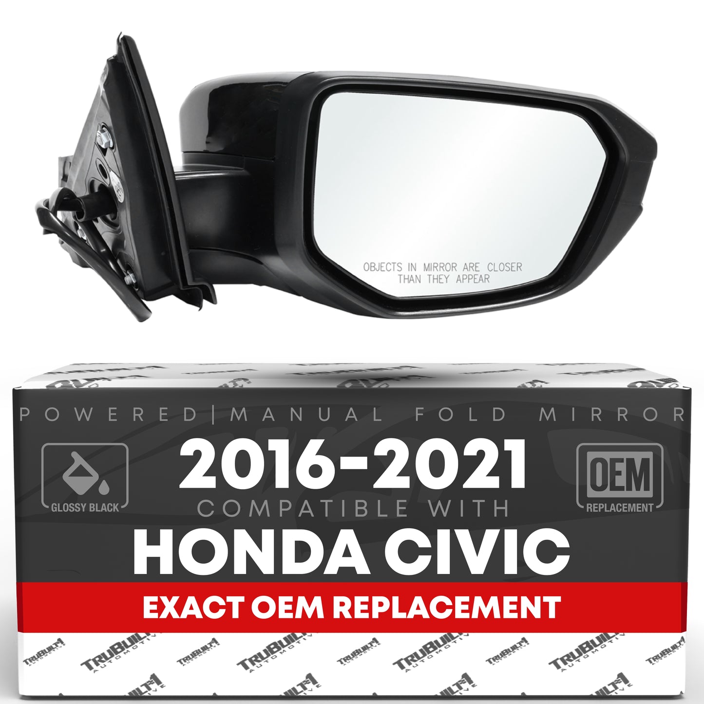 Honda Civic Side Mirror Replacement, Passenger Side - Power Adjust, Manual Fold, Convex Glass, Smooth Black Housing - Passenger Side Mirror