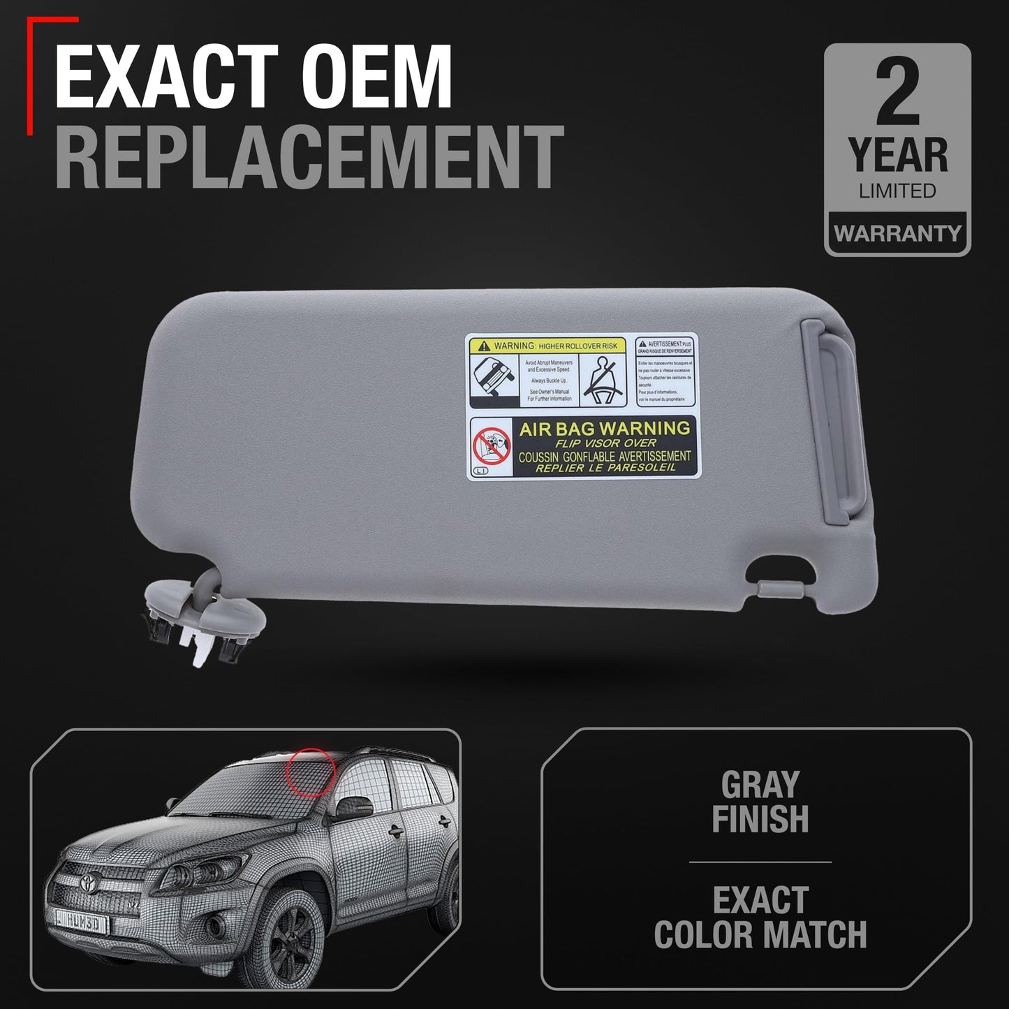 Sun Visor Replacement Set, Left & Right - Compatible with 2006-2013 Toyota RAV4 - Automotive Sun Protection Visor, Vehicle Interior Shade - Gray, with Mirror - OEM 74320-42502-B2, 74310-42511-B2 - Gray,Driver & Passenger