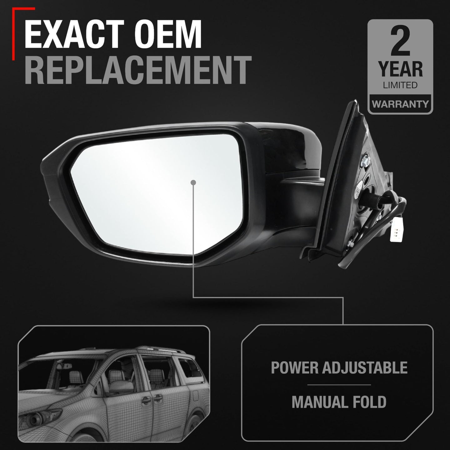 2017-2021 Honda Civic Sedan Coupe Driver Side Mirror Replacement Powered Manual Fold Flat Glass Smooth Black - Driver Side Mirror