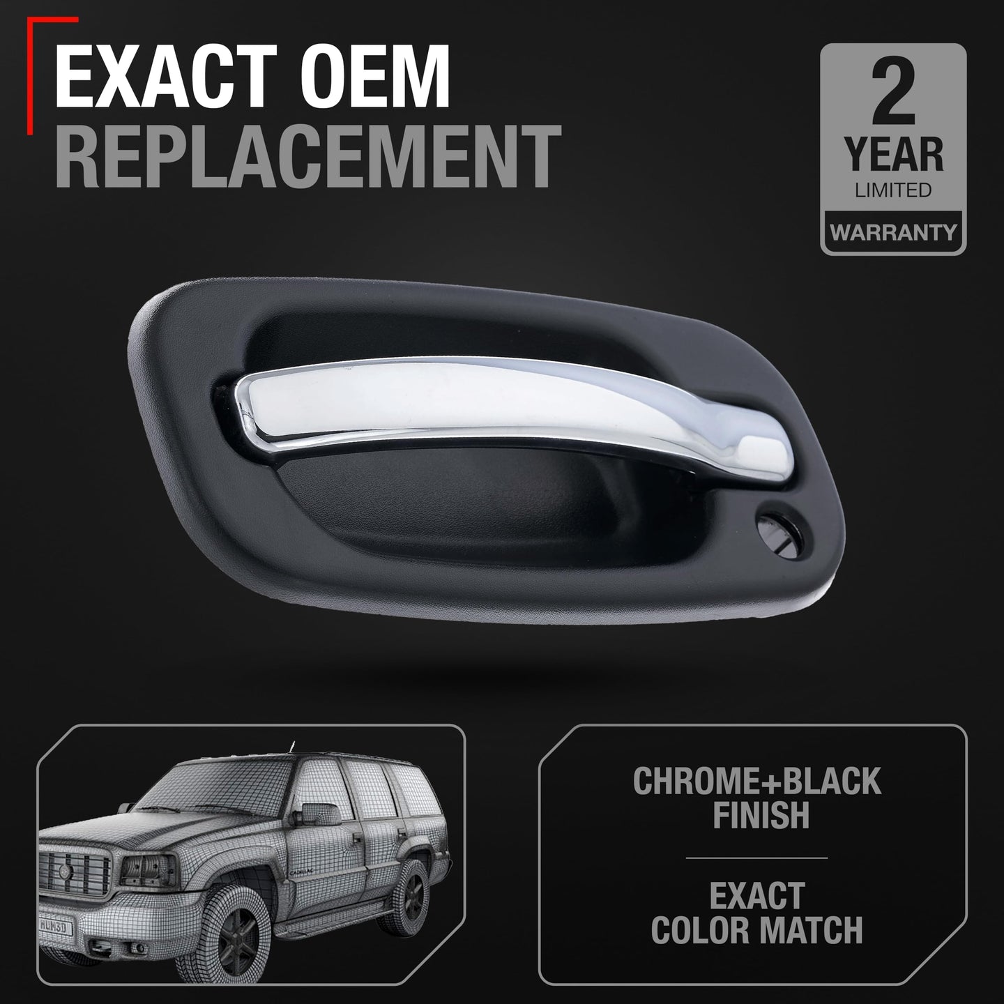 Exterior Front Driver Door Handle - Compatible with 1999-2007 Chevrolet Avalanche Silverado Suburban Tahoe; GMC Sierra Yukon; Cadillac Escalade - Chrome and Black - OEM 15745149, 15034985, 80550 - Front Left Door Handle