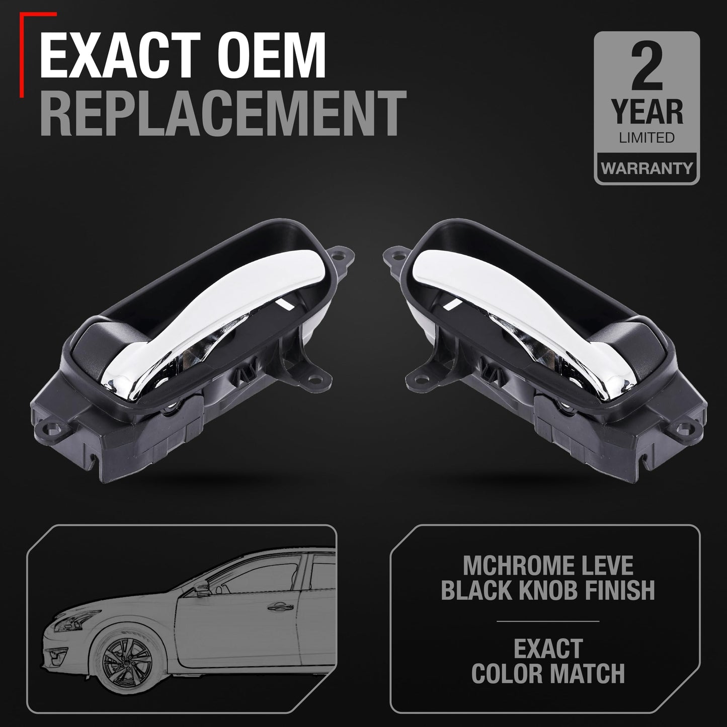 2013-2015 Nissan Altima Interior Front and Rear Passenger Door Handle Replacement - Chrome Lever with Black Knob Plastic - Passenger Door Handle