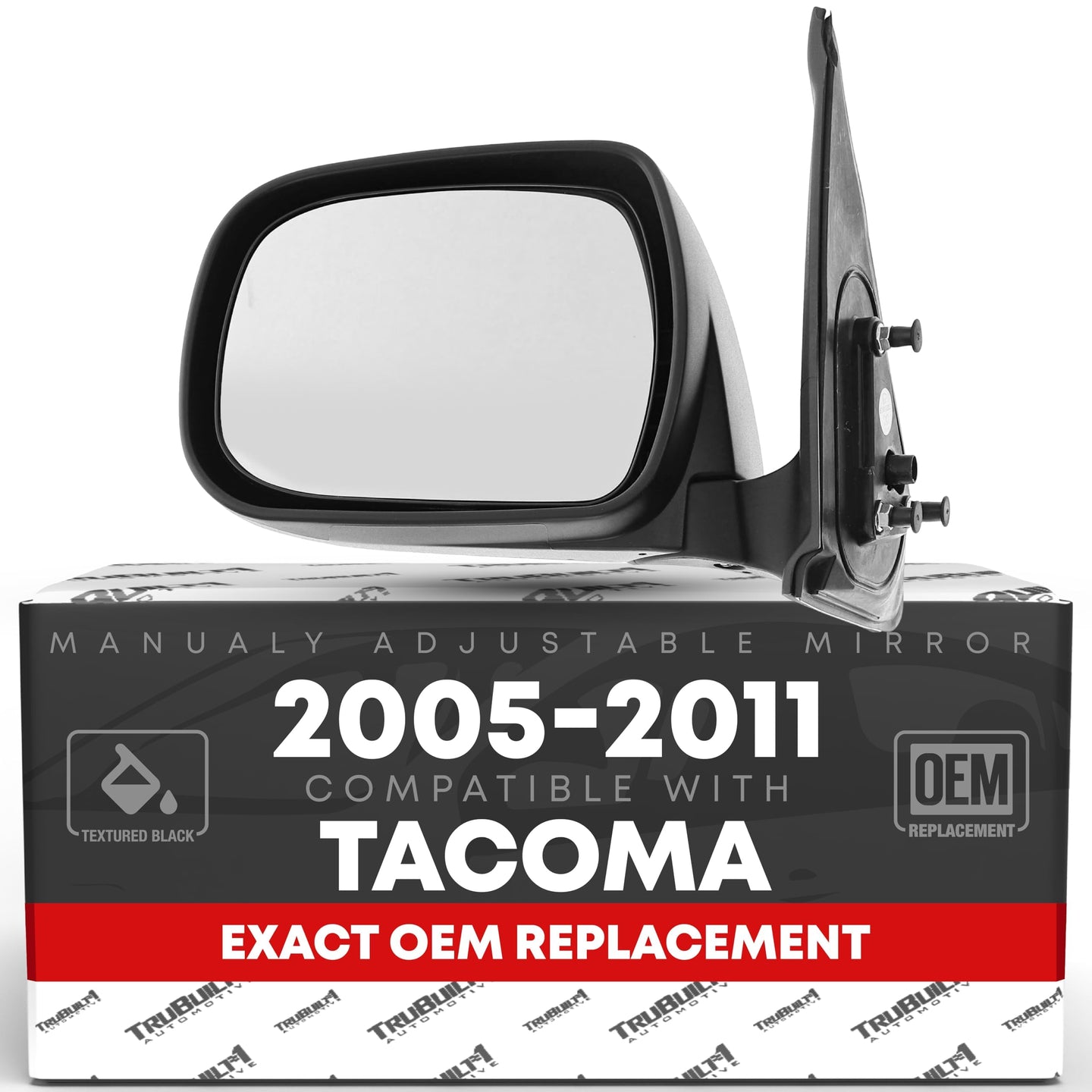2005-2011 Toyota Tacoma Driver Side Mirror Replacement - Manual Adjustment Manual Folding Flat Glass with English Warning Textured Black - Driver Side Mirror