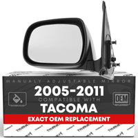 2005-2011 Toyota Tacoma Driver Side Mirror Replacement - Manual Adjustment Manual Folding Flat Glass with English Warning Textured Black - Driver Side Mirror