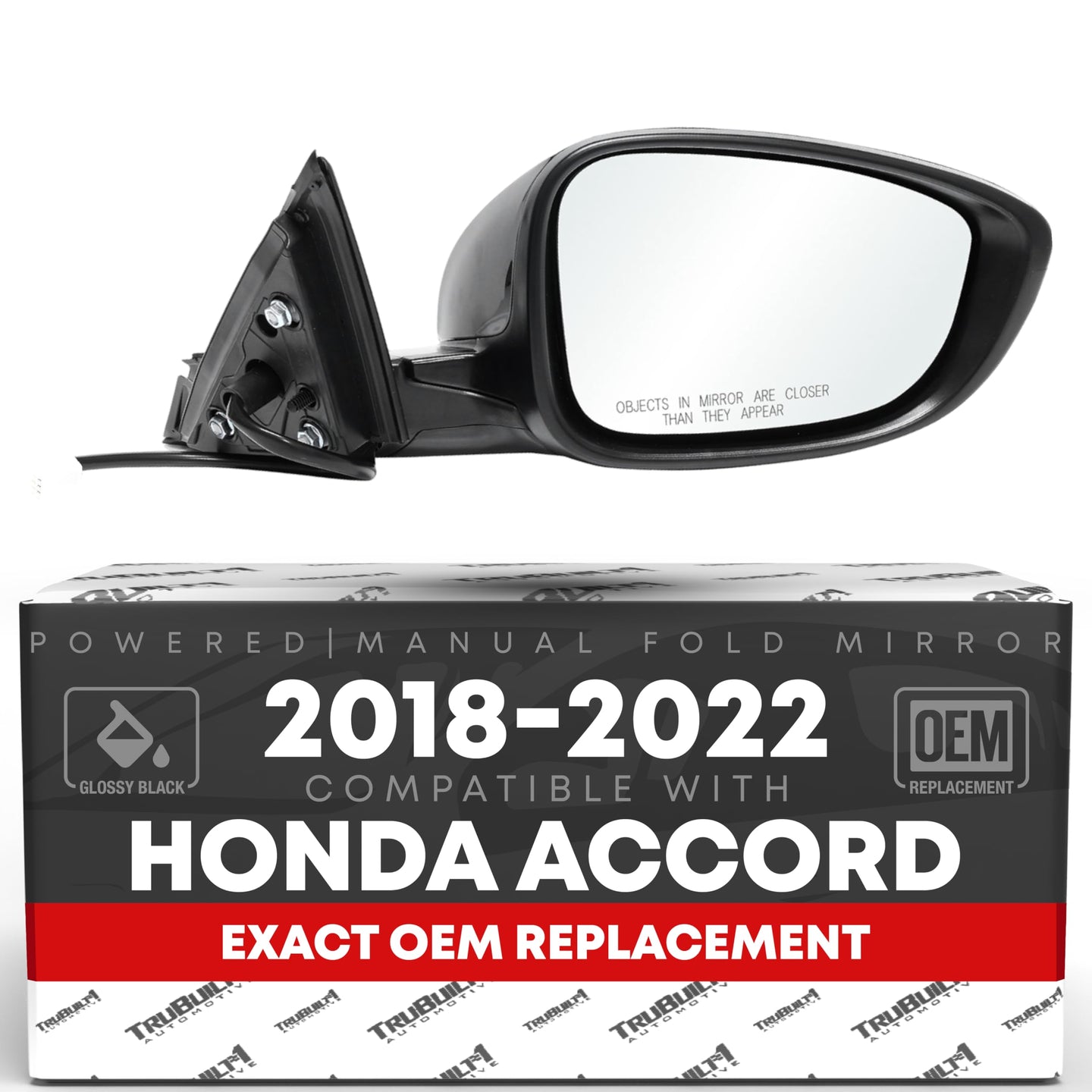 2018-2022 Honda Accord Passenger Side Mirror Replacement Powered Manual Fold Convex Glass Smooth Black - Passenger Side Mirror
