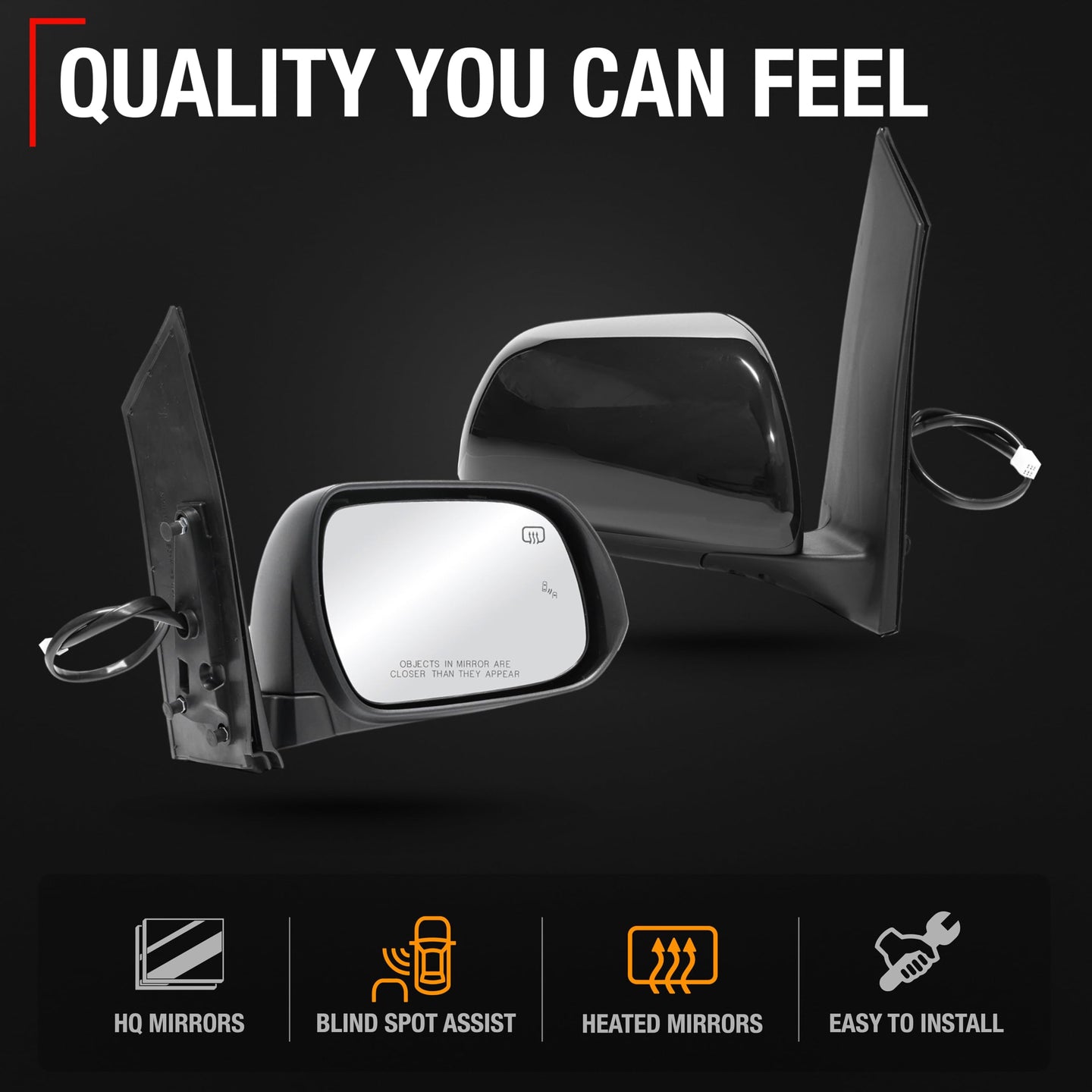 2013-2017 Toyota Sienna Passenger Side Mirror Replacement - Powered Adjustment, Heated, Blind Spot, Manual Fold, Convex Glass - Smooth Black - Passenger Side Mirror