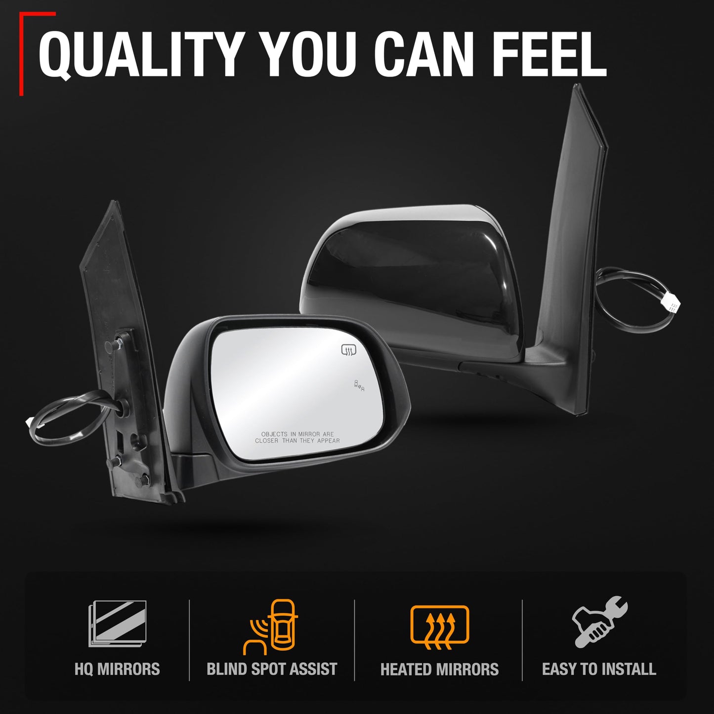 2013-2017 Toyota Sienna Passenger Side Mirror Replacement - Powered Adjustment, Heated, Blind Spot, Manual Fold, Convex Glass - Smooth Black - Passenger Side Mirror