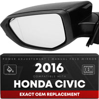 Driver Side Power Adjustable Side View Mirror - Compatible with 2016 Honda Civic - Power Adjust, Non-Heated, Manual Folding - Paintable Textured Black Housing - OEM 39530TX6A11