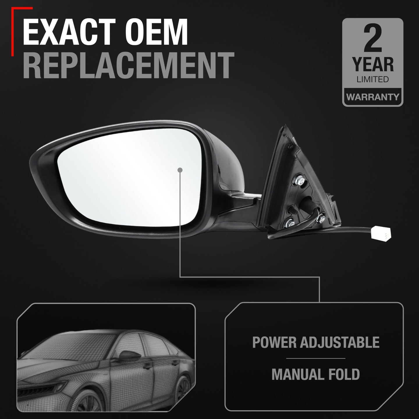 Honda Accord Mirror Replacement, Driver Side - Power Adjust, Flat Glass, Manual Fold, Smooth Black Design - Driver Side Mirror