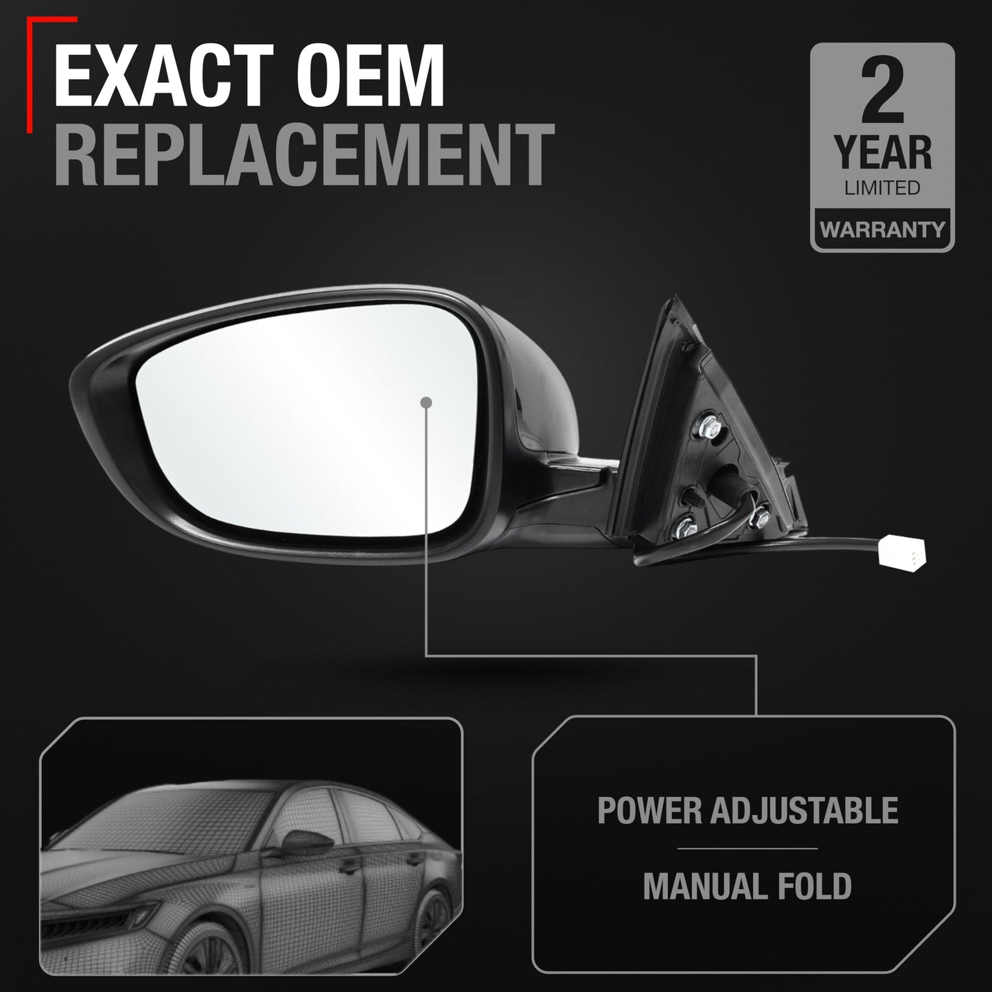 Honda Accord Mirror Replacement, Driver Side - Power Adjust, Flat Glass, Manual Fold, Smooth Black Design - Driver Side Mirror