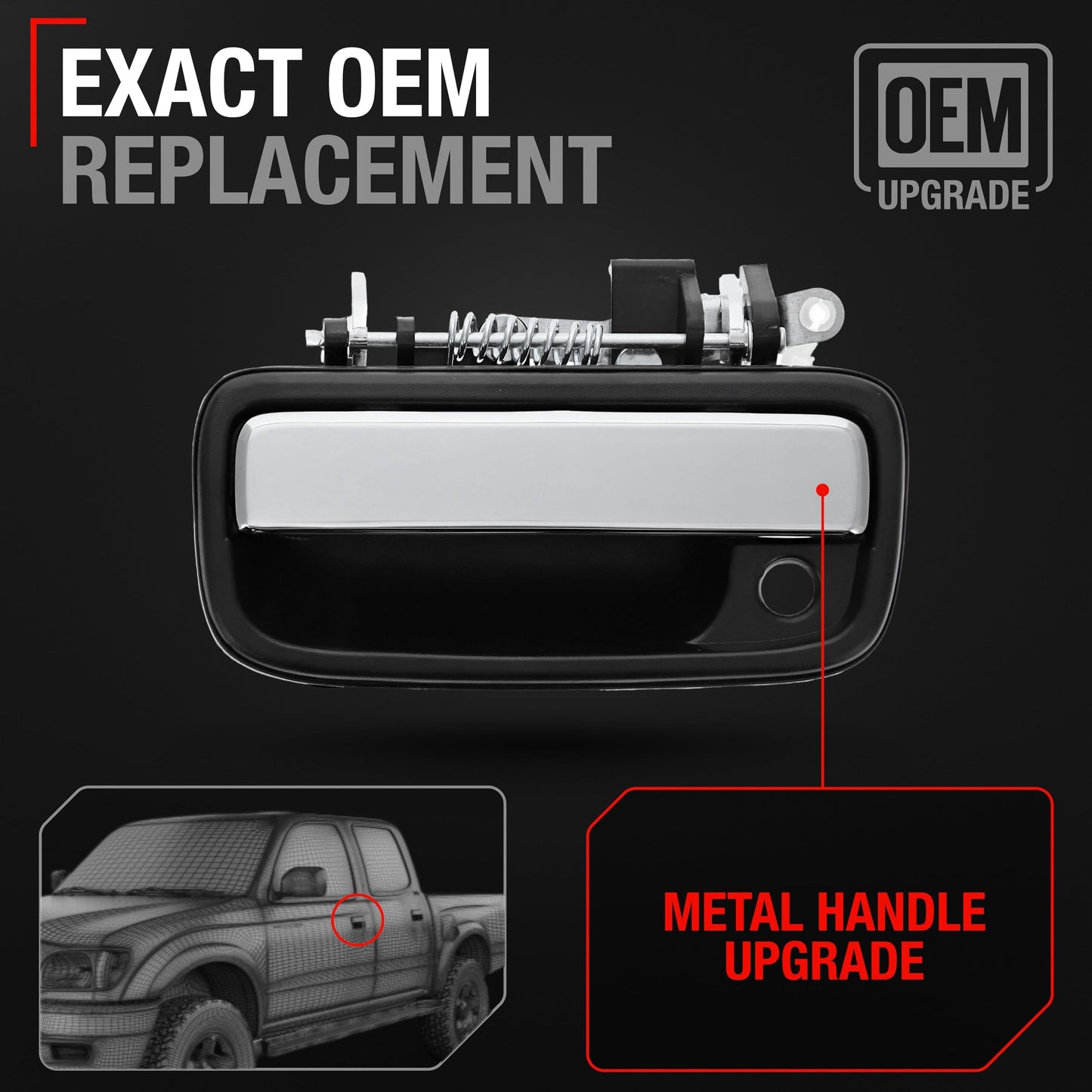 1995-2004 Toyota Tacoma Exterior Front Driver Door Handle Replacement, Upgraded Metal & Plastic Housing - Chrome Handle, Black Housing with Keyhole - Front Driver Side Handle