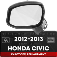 Driver Side Power Adjustable Side View Mirror - Compatible with 2012-2013 Honda Civic - Power Adjust, Non-Heated, Manual Folding - Paintable Textured Black Housing - OEM 76258TR3A01-PFM