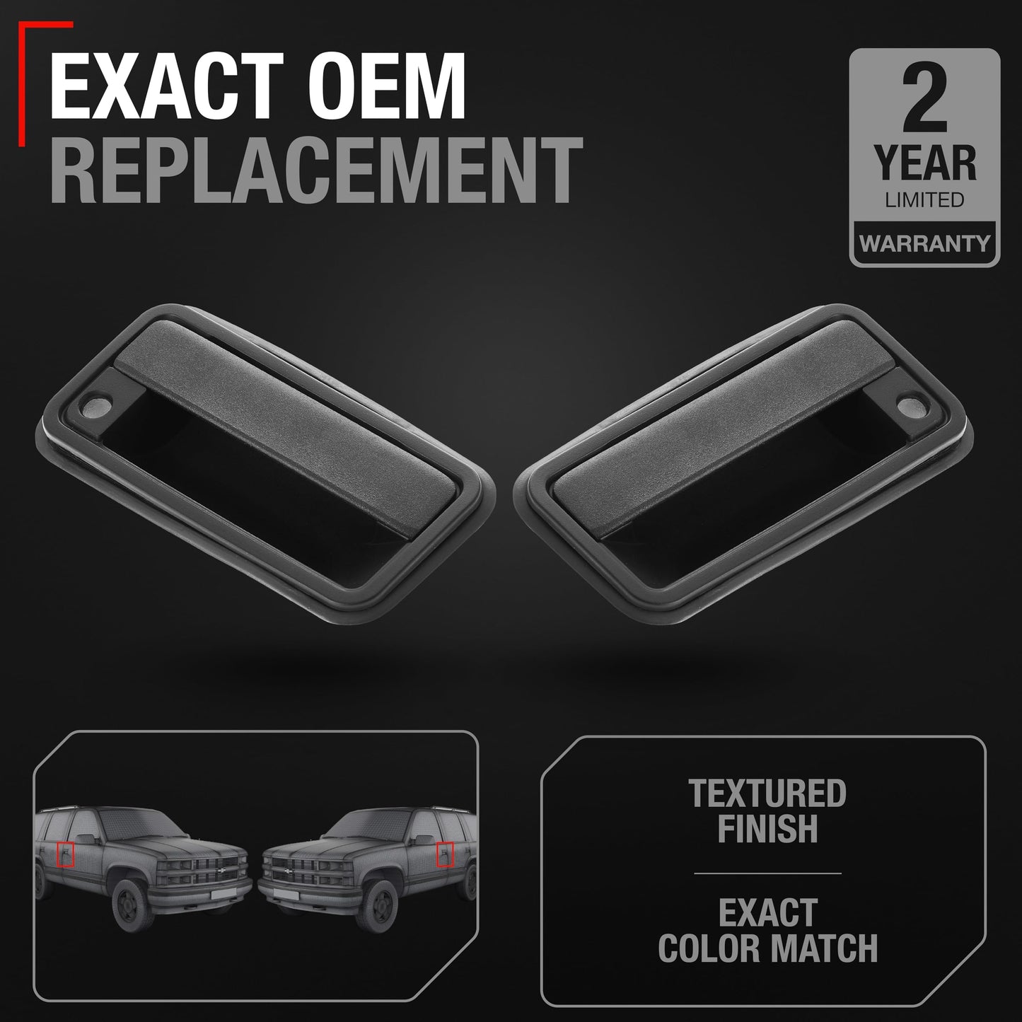 1988-1999 Chevrolet C1500 K1500 K2500 K3500 GMC C1500 C2500 Exterior Front Driver and Passenger Door Handle - Textured Black - Metal Lever Right + Left Handle