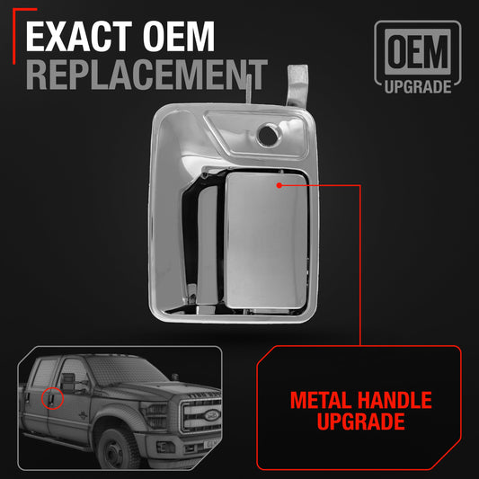 Exterior Front Passenger Door Handle, Upgraded Metal - Compatible with 1999-2016 Ford F-250 F-350 F-450 F-550 F-650 Super Duty; 00-05 Excursion - All Chrome w/ Keyhole - OEM 7C3Z-2522404-ACHMT, 79307 - Front Passenger Side Handle