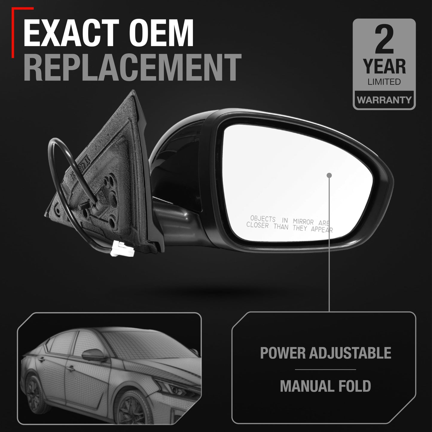 2019-2024 Nissan Altima Passenger Side Mirror Replacement Powered Manual Fold Convex Glass Smooth Black - Passenger Side Mirror