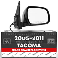 2005-2011 Toyota Tacoma Passenger Side Mirror Replacement - Powered Adjustment Manual Folding Convex Glass Textured Black - Passenger Side Mirror