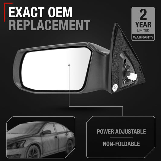 2007-2012 Nissan Altima Sedan Driver Side Mirror Replacement Powered Adjustment Non-Foldable Flat Glass Smooth Black - Driver Side Mirror