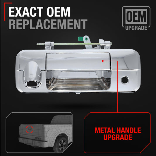 2007-2013 Toyota Tundra Tailgate Handle Latch Assembly, Upgraded Metal with Plastic Housing - Exterior Tailgate Assembly, All Chrome with Keyhole, Camera Hole