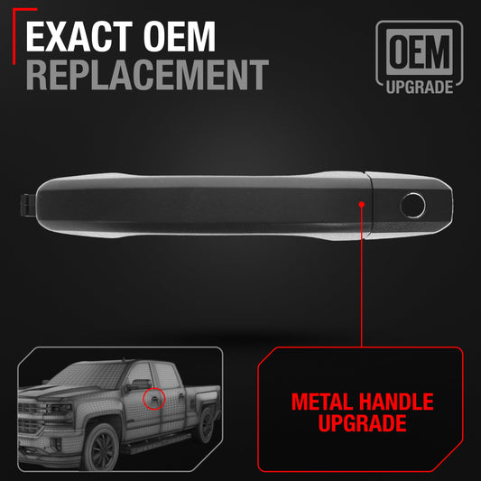 Exterior Front Driver Door Handle & Cover, Upgraded Metal - Compatible with 2014-2018 Chevrolet Silverado; 14-18 GMC Sierra 1500 2500 3500 - Textured Black w/ Keyhole - OEM 15058575, 22923605, 82395 - Front Driver Side Handle