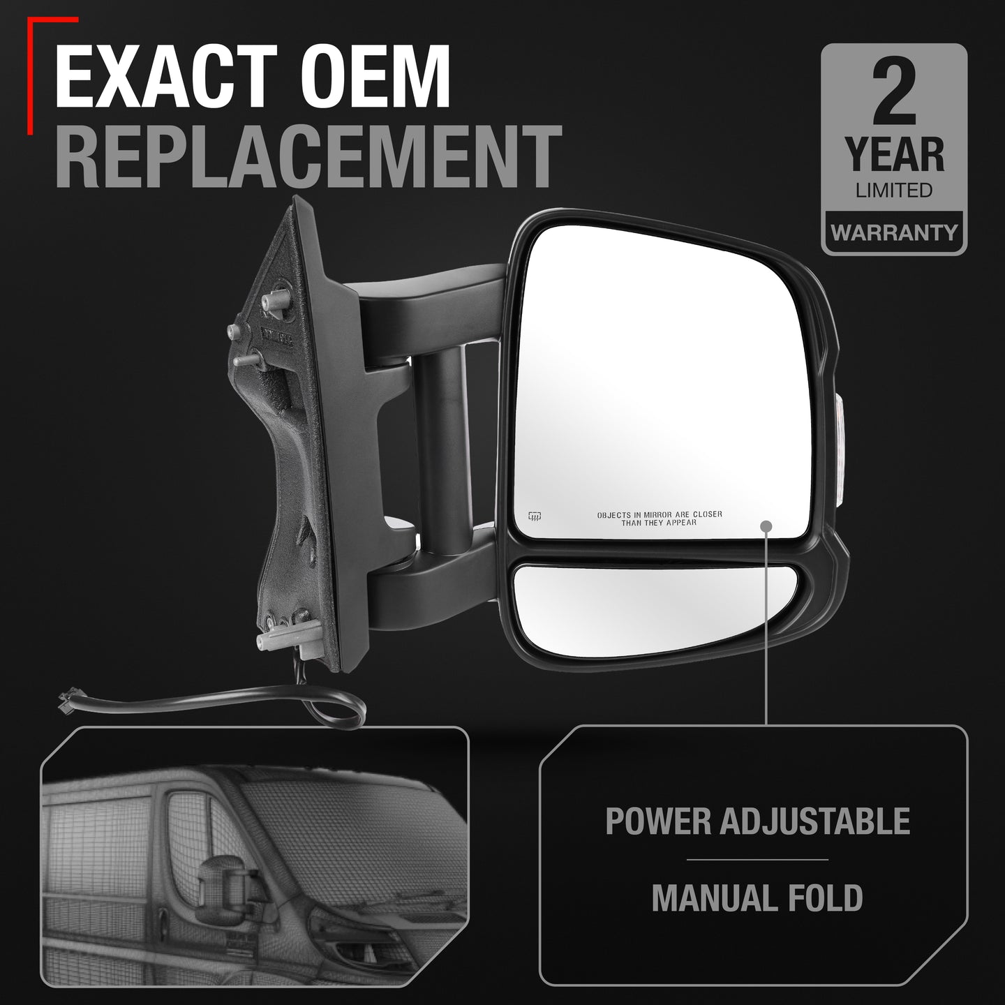 Passenger Side Mirror Replacement - Compatible with 2014-2024 Ram Promaster - Powered Adjustment, Heated, Manual Fold, Turn Signal, Dual Glass - Textured Black - OEM 7SV32JXWAA, 5VE96JXWAE, CH1321547 - Passenger Side Mirror