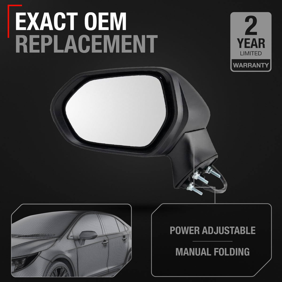 Driver Side Heated Side View Mirror with Integrated Turn Signal - Compatible with 2020-2024 Toyota Corolla - Power Heated, Turn Signal, Manual Folding - Paintable Textured Black - OEM 8794012G00 - Driver Side Mirror