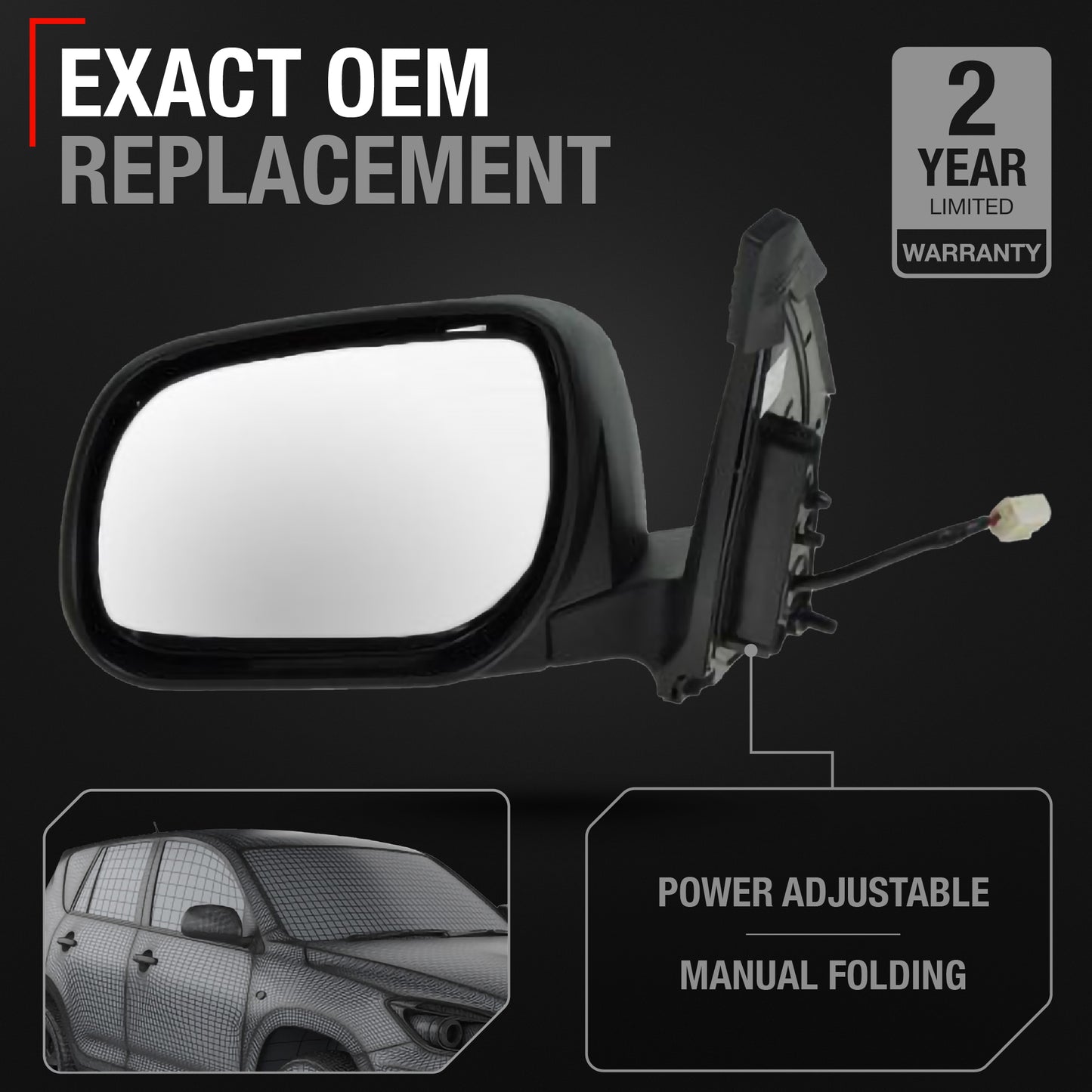 Driver Side Power Adjustable Side View Mirror - Compatible with 2006-2008 Toyota RAV4 - Power Adjust, Manual Folding, Non-Heated, Convex Glass - Paintable Textured Black Housing - OEM 8794042810