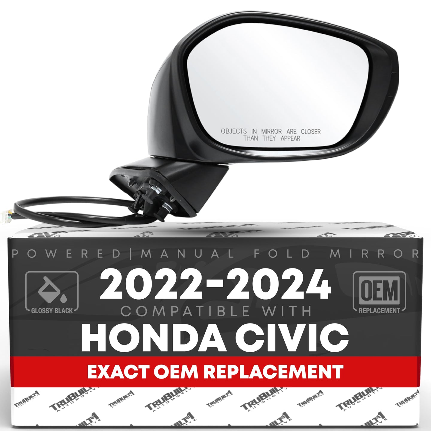 2022-2024 Honda Civic Passenger Side Mirror Replacement Powered Manual Fold Convex Glass Smooth Black - Passenger Side Mirror
