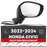 2022-2024 Honda Civic Passenger Side Mirror Replacement Powered Manual Fold Convex Glass Smooth Black - Passenger Side Mirror