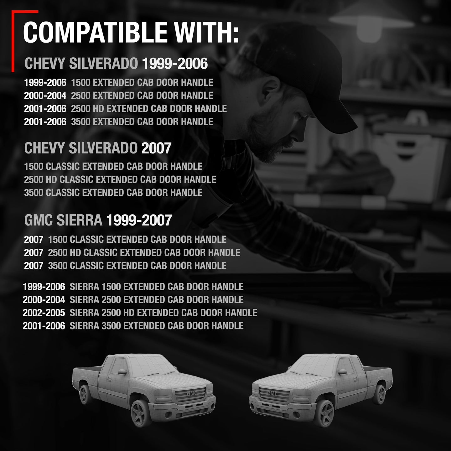 1999-2007 Chevrolet Silverado 1500 2500 3500 GMC Sierra 1500 2500 3500 HD Classic Extended Cab Rear Driver & Passenger Door Handle - Textured Black - Left + Right Side Ext Cab Handle (Plastic)