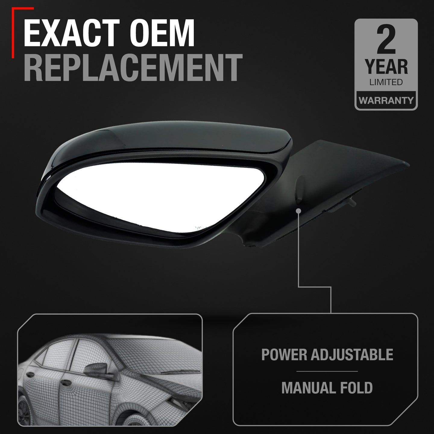Driver Side Power Adjustable Side View Mirror - Compatible with 2014-2019 Toyota Corolla - Power Adjust, Non-Heated, Manual Folding - Paintable Textured Black Housing - OEM 8794002F21C0 - Driver Side Mirror