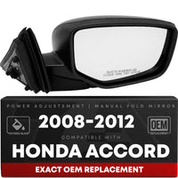 Passenger Side Power Adjustable Side View Mirror - Compatible with 2008-2012 Honda Accord - Power Adjust, Non-Heated, Manual Folding - Paintable Textured Black Housing - OEM 76208TA5A01 - Passenger Side Mirror