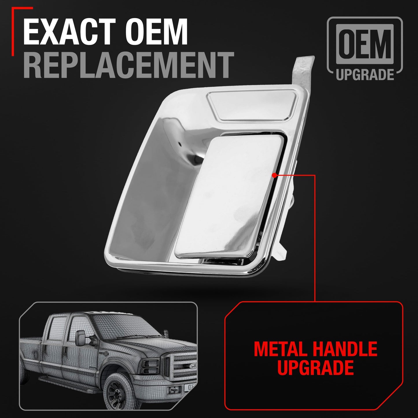 1999-2016 Ford F-250 F-350 F-450 F-550 F-650 Excursion Exterior Front or Rear Passenger Door Handle Replacement, Upgraded Metal - All Chrome - Front or Rear Passenger Side Handle