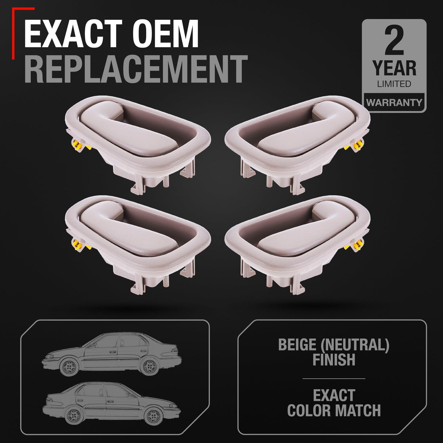Interior Front/Rear Driver & Passenger Door Handle 4-Piece Set - Compatible with 1998-2002 Toyota Corolla, 98-02 Chevrolet Prizm - Beige - OEM 79500, 80890, 69206-02050-E0, 79501, 80889, 6920502050E0 - 4-Piece Set - Beige