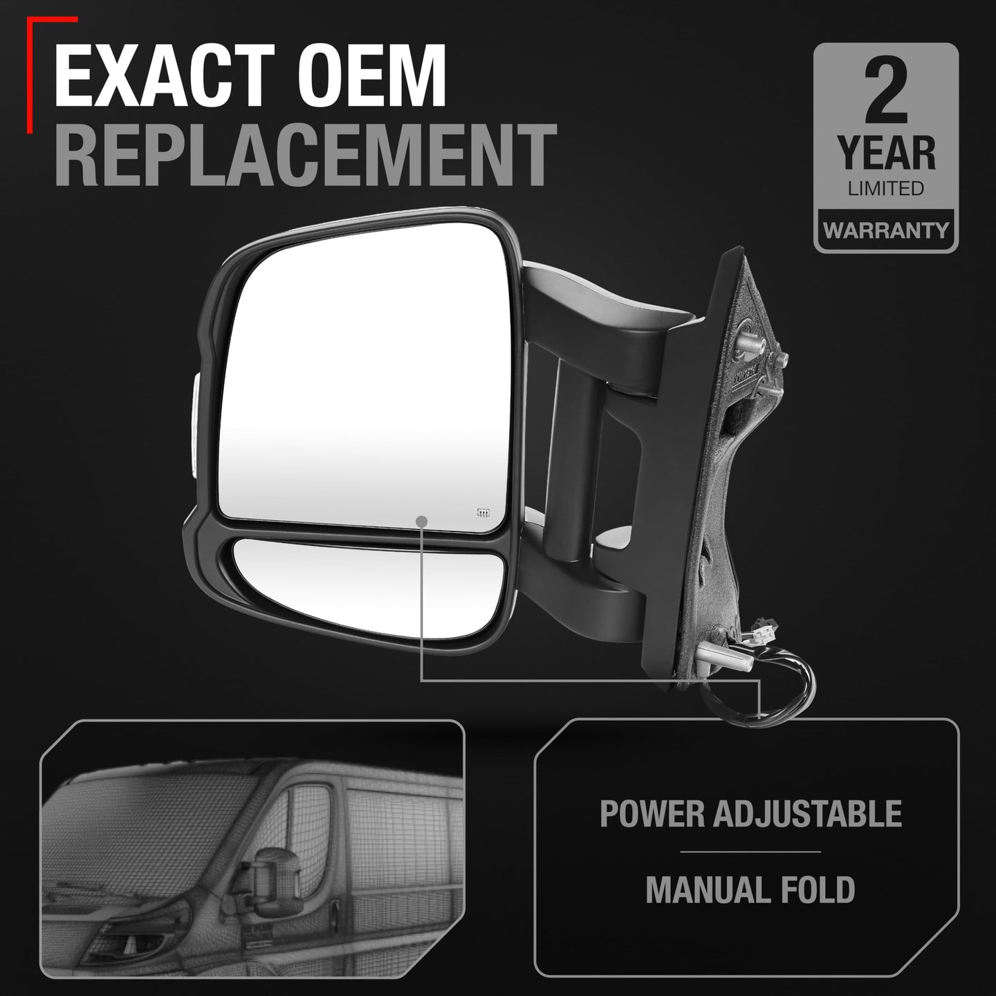 2014-2024 Ram Promaster Passenger Side Mirror Replacement Powered Heated Manual Fold Turn Signal Dual Glass Textured Black - Passenger Side Mirror