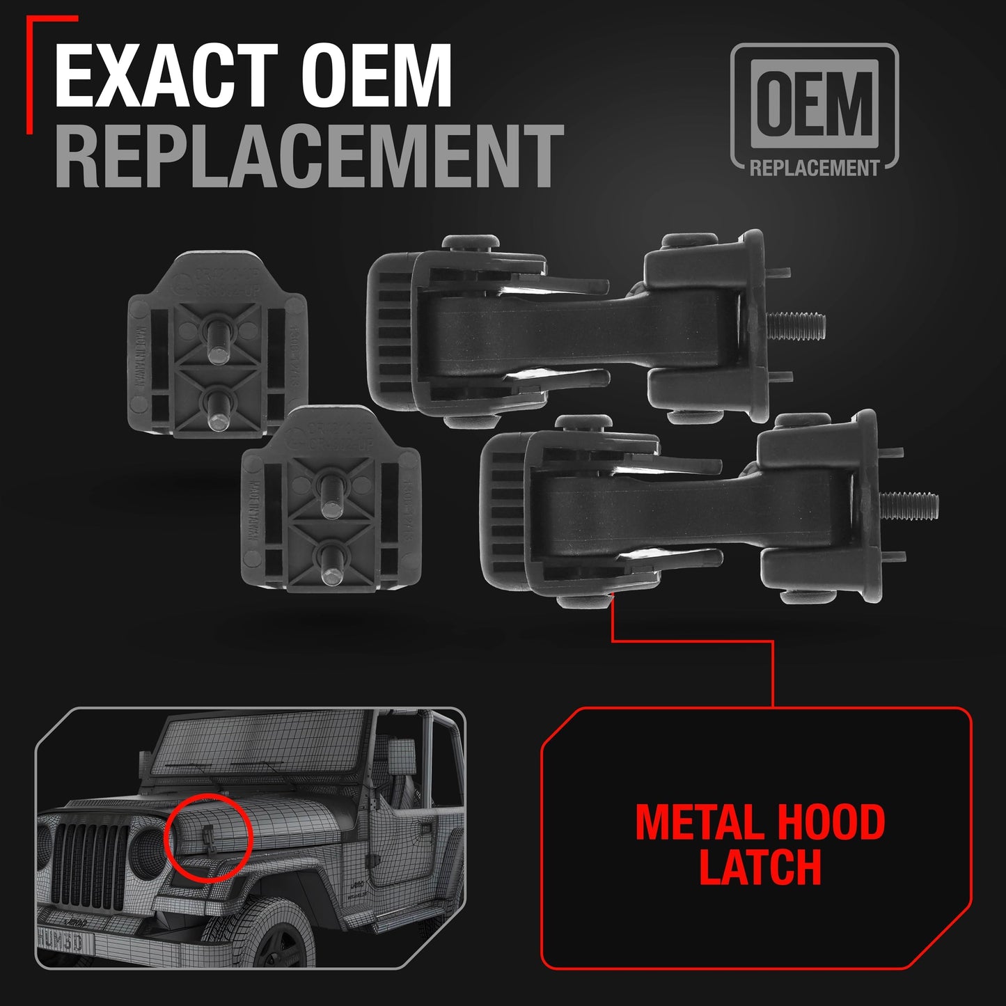 1997-2006 Jeep Wrangler Hood Latch Replacement Set Driver and Passenger Side - Full Door Type Hood Lock Catch Kit
