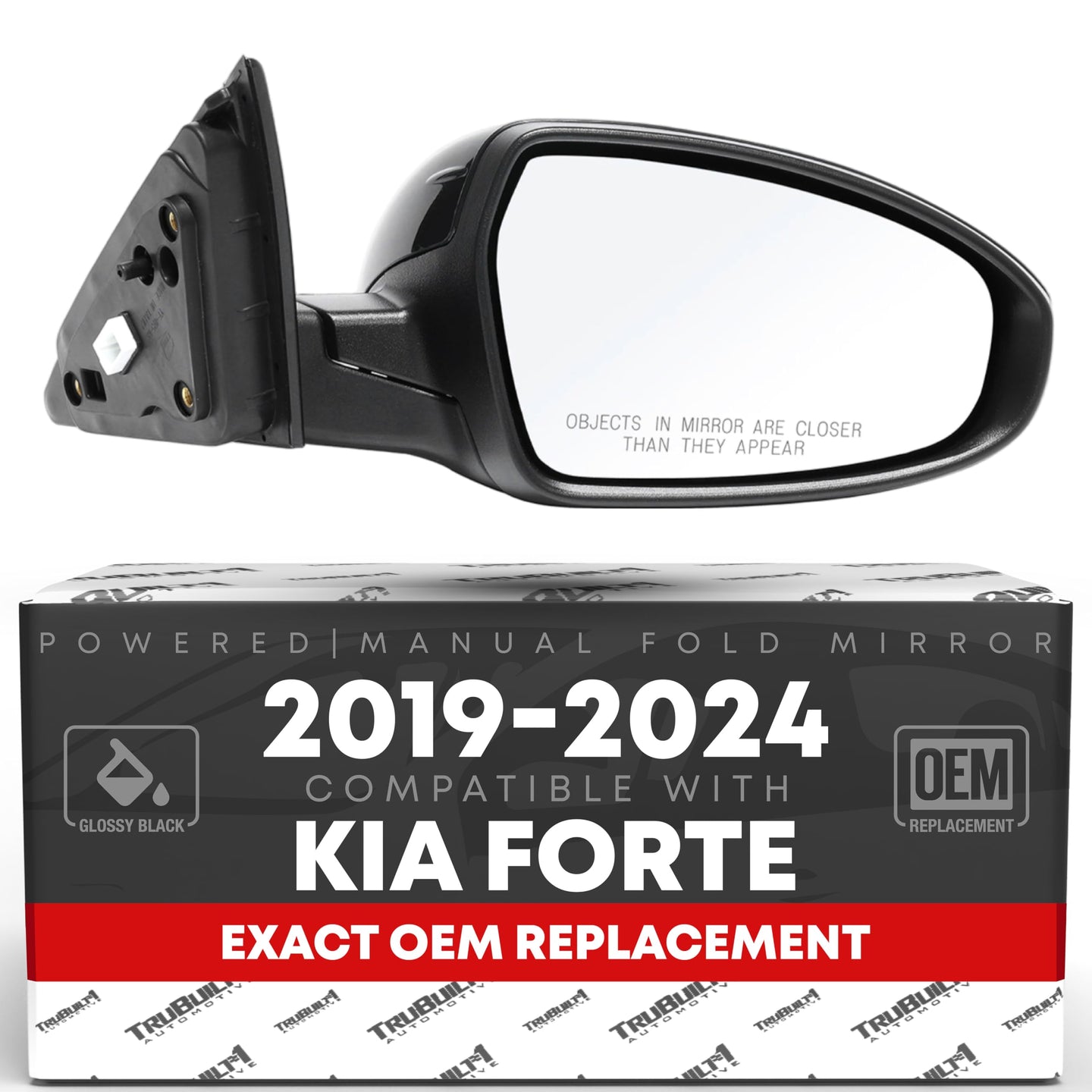 2019-2024 Kia Forte Passenger Side Mirror Replacement Powered Manual Fold Convex Glass Smooth Black - Passenger Side Mirror
