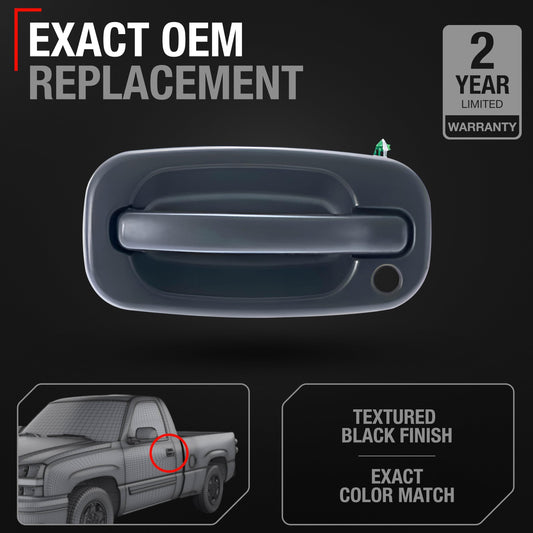 Exterior Front Driver Door Handle - Compatible with 1999-2006 Chevrolet Silverado, 02-06 Avalanche, Suburban, Tahoe; 1999-2006 GMC Sierra, Yukon - Textured Black, OEM 15034985 77261 - Front Left